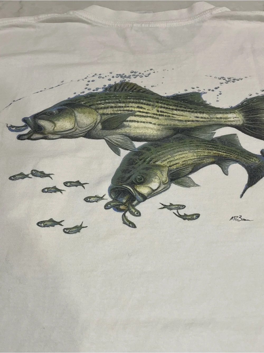 Vintage 90s Gildan Striped Bass Fishing Pocket Tee L